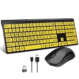 Full Size Wireless Large Print Keyboard and Mouse Set Rechargeable | Quiet Scissor Switch | for Seniors and Visually Impaired Low Vision Individuals-Yellow