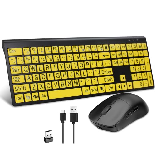 Full Size Wireless Large Print Keyboard and Mouse Set Rechargeable | Quiet Scissor Switch | for Seniors and Visually Impaired Low Vision Individuals-Yellow - image 1