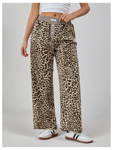 Floerns Women's Plaid Elastic Waist Straight Leg Trousers Leopard Print Pants3