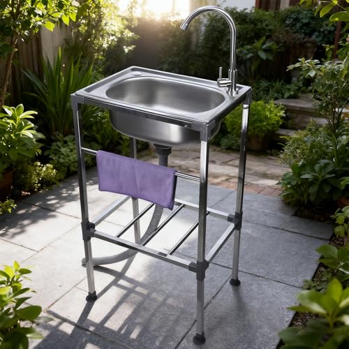 42x37x83cm Lavello Autoportante in Acciaio Inox - Lavello Esterno 1 Vasca con rubinetti freddi e caldi - Lavandino Commerciale,Lavabo mobile per cucina,ristorante, Garage,campeggio