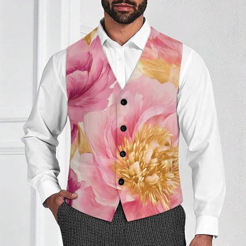 Peonies Flower Suit Vest for Men Waistcoat Dressy V Neck Button Down Sleeveless Business Jacket Coat4