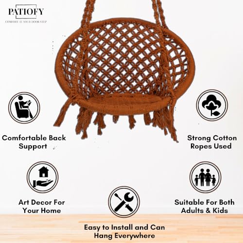 Image of Patiofy Cotton Round Swing Chair for Adults and Kids /Swing for Home /Swing for Balcony /Jhula for Adults /Jhoola for Living Room /Swing for Indoor & Outdoor /with Hanging Kit (Brown)
