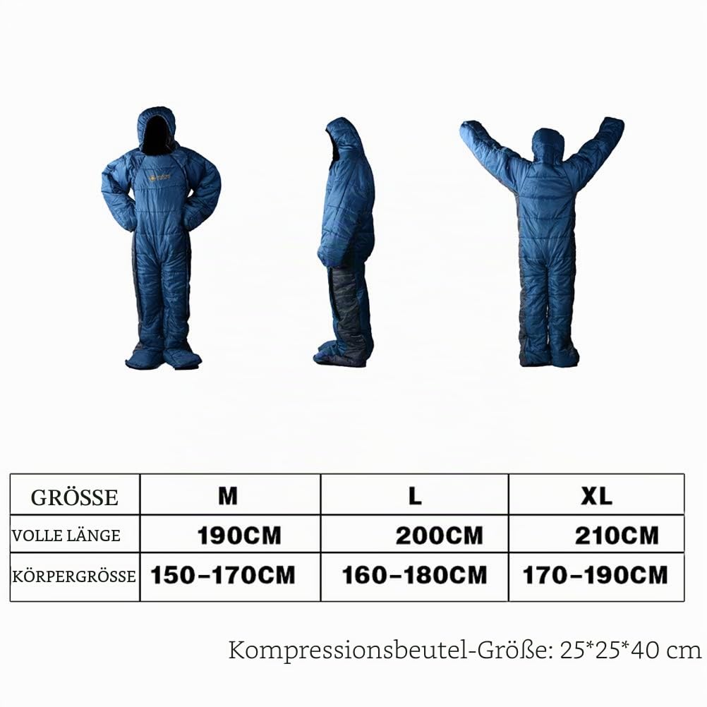 WING Erwachsener tragbarer Schlafsack-Anzug für das Kampieren, stehend 3 Jahreszeit-Ganzkörper-Schlafenabnutzung für das Wandern im Freien, menschliches geformtes, Reißverschluss-Desig