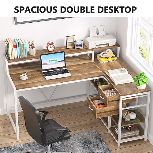 Image of Tribesigns L Shaped Desk with Drawers and Monitor Stand, L Corner Desk with Storage Shelves, Beige Wooden PC Table for Samll Home Office