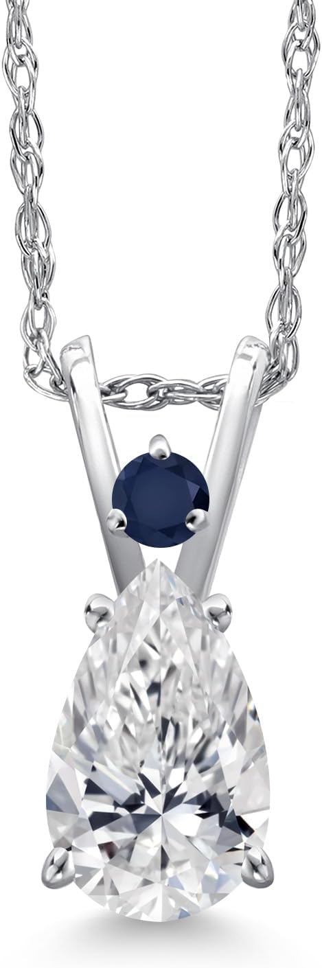 Gem Stone King 14K White Gold DEF Lab Grown Diamond and Blue Sapphire Pendant Necklace for Women | 0.77 Cttw | Gemstone April Birthstone | Pear Shape 8X5MM | With 18 Inch Chain