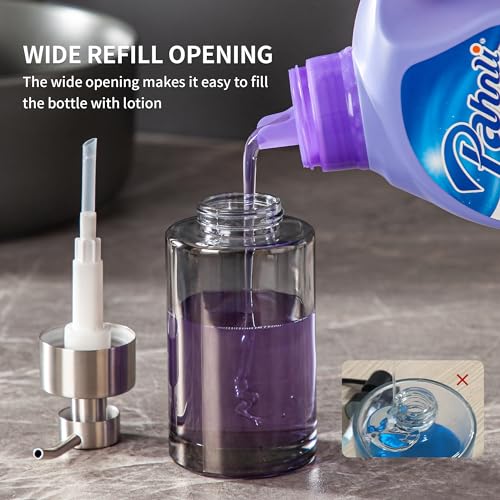 Image of Enra Silver Glass Soap Dispenser, Foaming Hand Bathroom Soap Dispenser | 12oz thick glass body with stainless steel pump. Modern countertop dispenser for bathroom, kitchen sink and home decor.