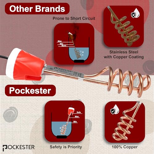 Image of Shockproof 2000 W Japanese Technology Electric Water Heater Immersion Rod With Waterproof & Protection | Instant Heating Immersion Water Heater Rod (Red)