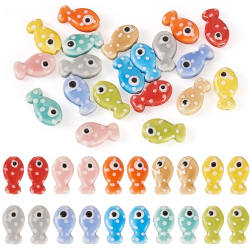 Sparkeads Cuentas de cerámica de peces de 10 colores, océano, mar, playa, animales, porcelana, pequeñas cuentas de verano, 19,5 x 11 mm, para hacer joyas, collares, pulseras, llaveros, accesorios, 20
