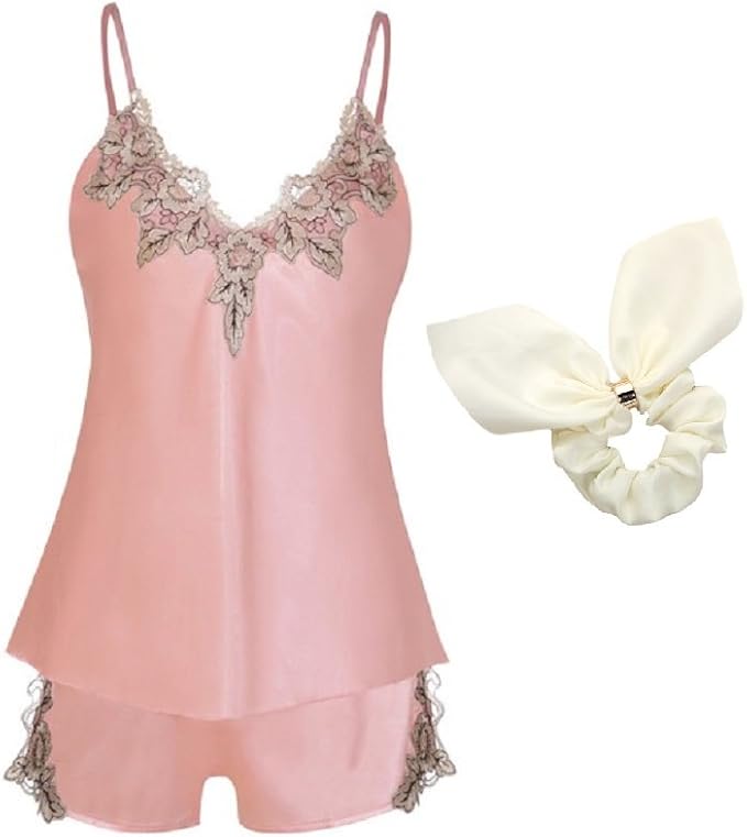 Amazon J B 人気 ナイトウェア シルク パジャマ キャミソール ショートパンツ セットアップ 刺繍 シュシュ ピンク M ３点セット レディース ルームワンピース ネグリジェ 通販