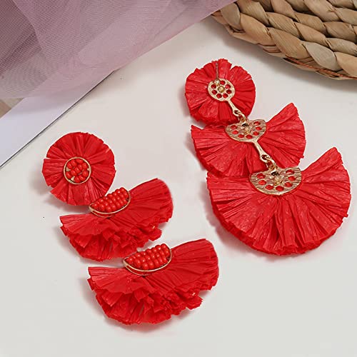 Bohemian Statement Earrings - Lightweight Tiered Raffia Beaded Earrings Drop Dangle Gifts For Women Girls (Red) #TOP5