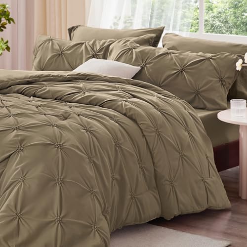 Image of BEDELITE Queen Comforter Set Light Brown,Lightweight & Soft Comforter | Pintuck Boho Bedding, Warm & Cute Bed Set for All Season,With 2 Pillowcases