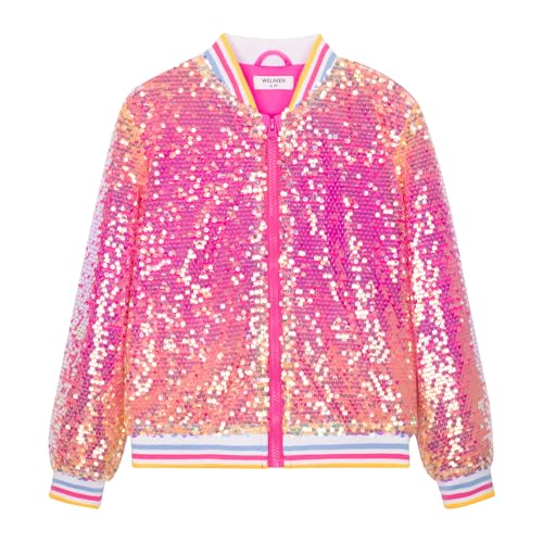 WELAKEN Sequin Jacket for Girls Boys Kids Sparkly Shiny Star Zip Up Bomber Jacket with Pockets 24Y