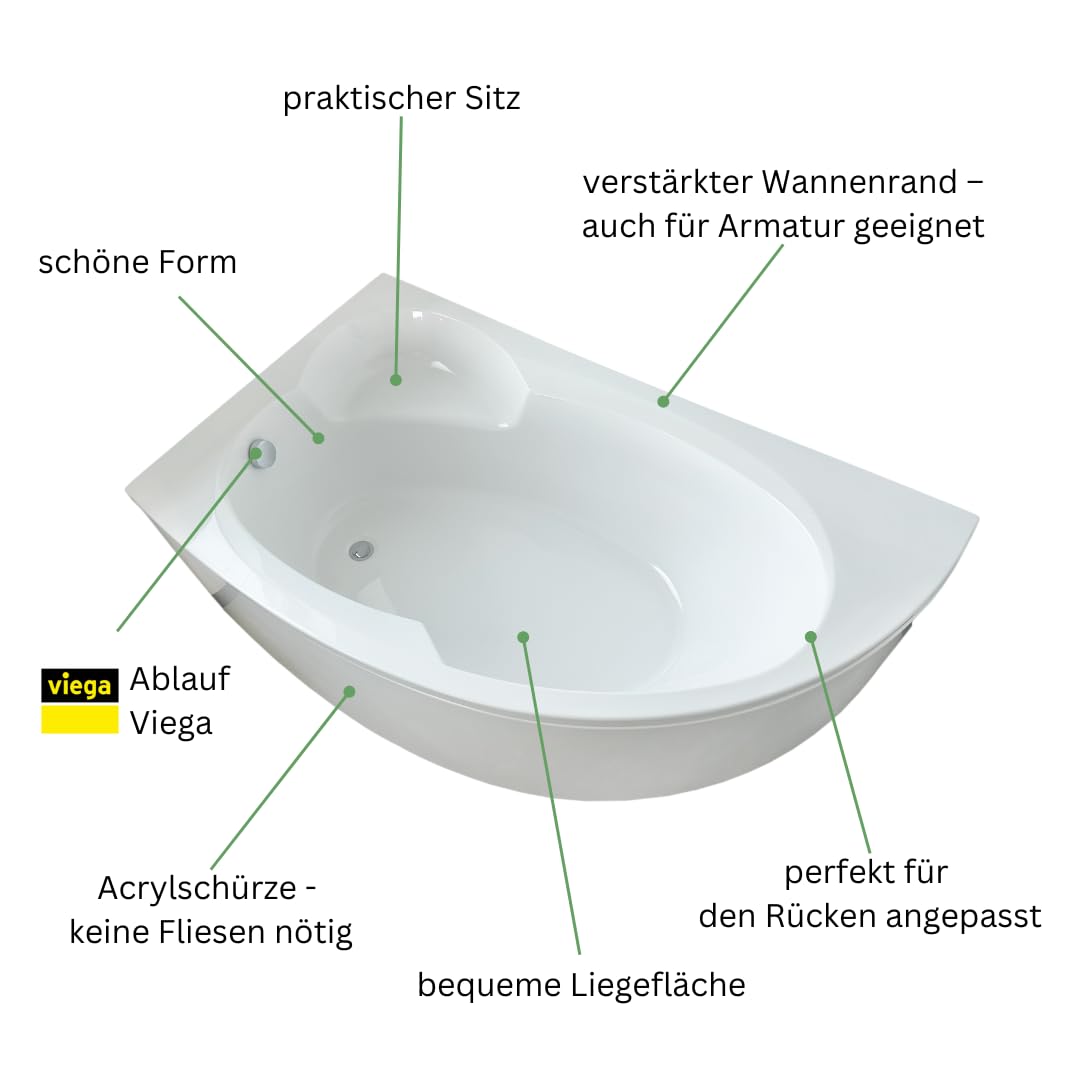 ECOLAM® Badewanne Wanne Eckwanne Eckbadewanne Acrylwanne Carmen Acryl weiß 170x100 cm RECHTS + Schürze Ablaufgarnitur Ab- und Überlauf Automatik Alcaplast Füße Silikon Komplett-Set