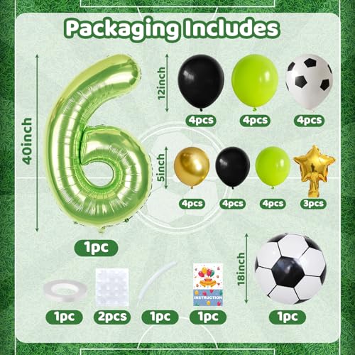 Image of 40 Inch Number 6 Balloon Green Soccer Number Six Foil Balloons Tower Set for Boys 6th Birthday Party Decorations Giant Large Digital Aluminum Balloons Stack for Football Lover World Sports Game