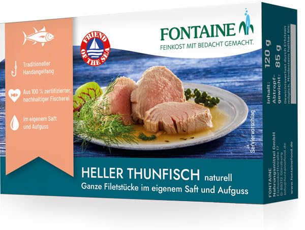 Fontaine - Heller Thunfisch naturell – 120 g – 5er Pack - Ganze Thunfischfilets im eigenen Saft und Aufguss, aus 100% zertifizierter, nachhaltiger Fischerei und kontrolliertem Anbau