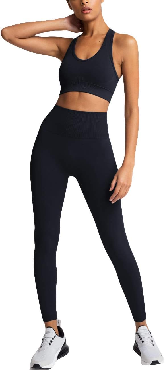 HAODIAN Women's Yoga Outfits 2 Piece High Waisted Leggings with Sports Bra Gym Clothes Sets