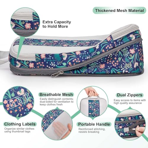 Image of 6 Set Compression Packing Cubes for Travel Essentials,Compressible Expandable Packing Cubes for Suitcase,OlarHike Luggage Organizer Bags for Travel(Dark Blue Floral)
