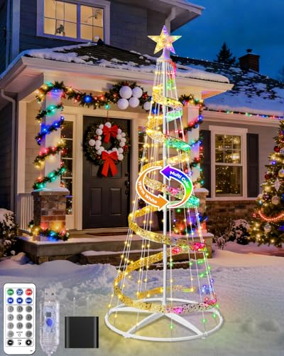btfarm 7FT Christmas Cone Tree Lights Color Changing, 216LED Remote Prelit Outdoor Christmas Tree with Ribbon Star Topper, Waterproof Lighted Spiral Tree for Xmas Porch Yard Holiday Garden Decoration