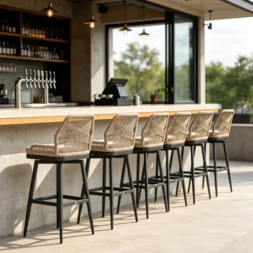 Image of PURPLE LEAF Swivel Counter Height Bar Stools Set of 2, Cushion, Drak Grey | 360 Rotating, All-weather Wicker, Heavy Duty Aluminum, Removable Cushion, Ergonomic Backrest, Indoor Outdoor, Easy Clean