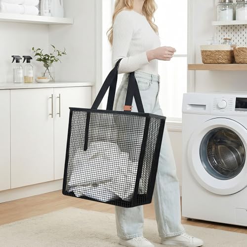 Image of STORAGE MANIAC Collapsible Laundry Basket, 16.9 Gal. Large Pop-up Laundry Hamper with Long Carry Handles, Space-Saving Foldable Clothes Hamper with Bottom Elastic Band, Travel Laundry Bags, Mesh Black