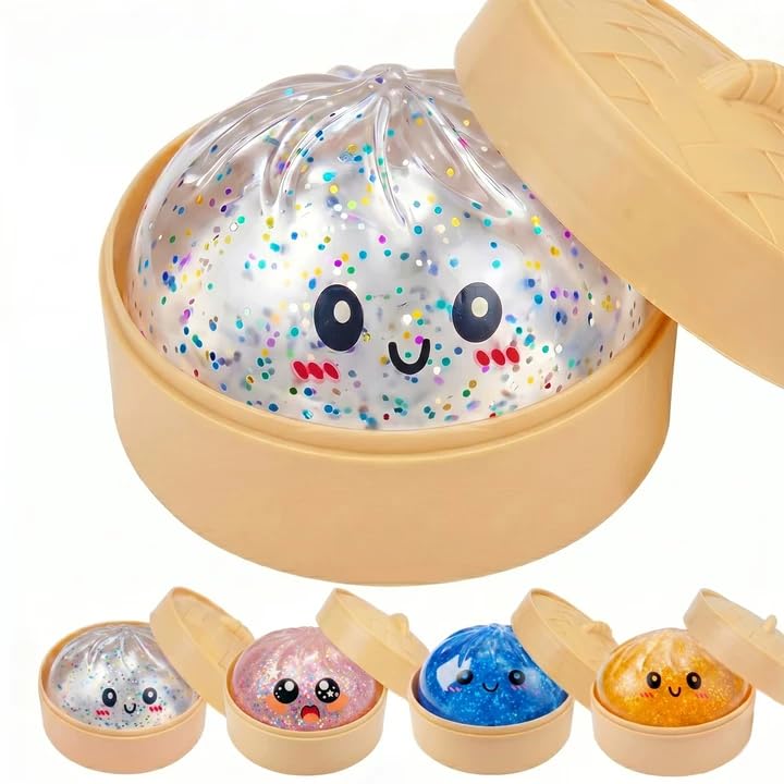 Glitter Dumpling Squishies Toys,2026 Upgraded Dumplings Soft Stress Balls Fidgets Sensory Balls, Squeeze Dough Ball Stress Relief Hand with Food Steamer, Relaxation Gift for Adults(Clear)