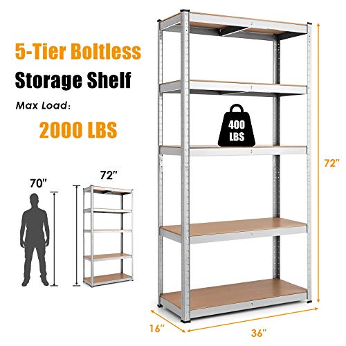 Tangkula Metal Storage Shelves, Heavy Duty Steel 5 Tier Utility Shelves With Adjustable Shelves, Bolt-Free Assembly, High Weight Capacity, Garage Organization Storage Rack, 36"Lx16''Wx72"H (1, Silver) #TOP2