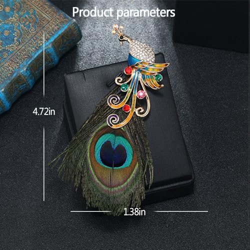 Image of Rhinestone Peacock Feather Brooch for Women Girls Gold Plated Fashion Artificial Blue Green Bird Animal Brooches Lapel Pins Hat Bag Suit Dress Accessories Wedding Anniversary Jewelry Gift