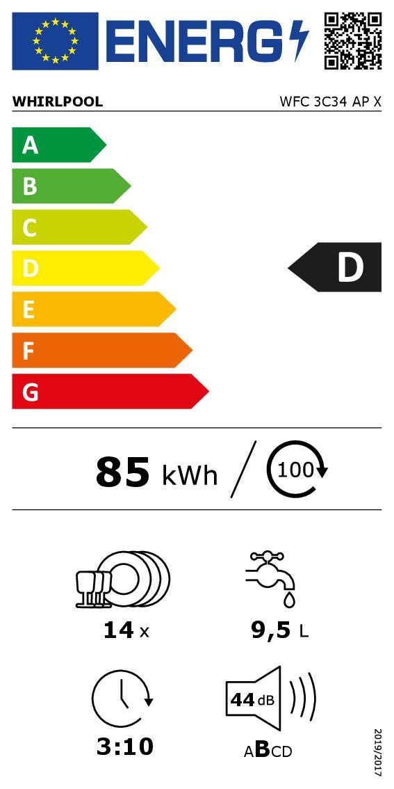 Whirlpool WFC 3C34 AP X, Lave-vaisselle 60cm Libre installation, 14 places, D