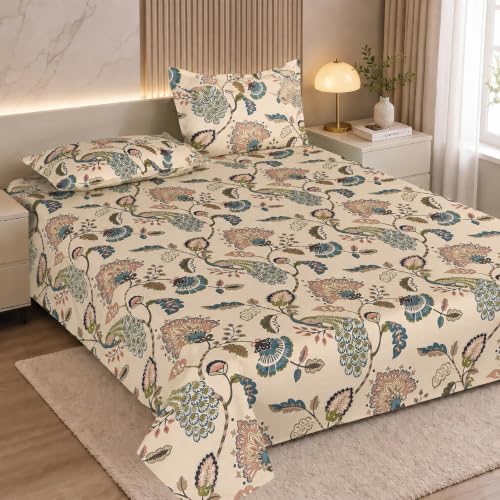 Image of DECORUM 190TC Cotton Feel Double Bedsheet with 2 King Size Pillow Covers | 90X100 Inches | Soft & Breathable Fabric| Lightweight & Comfortable | Premium Printed Bedding Set for Home | Floral Print