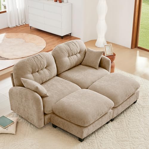 Image of KEIKI 74 inch Oversized Chenille Modular Sectional Loveseat Sofa with 2 Ottoman, High-Density Foam Cushions, Tufted Pleated Cushion Backrest, Modern 2-Seater Couch with 2 Pillow, for Living Room, Camel