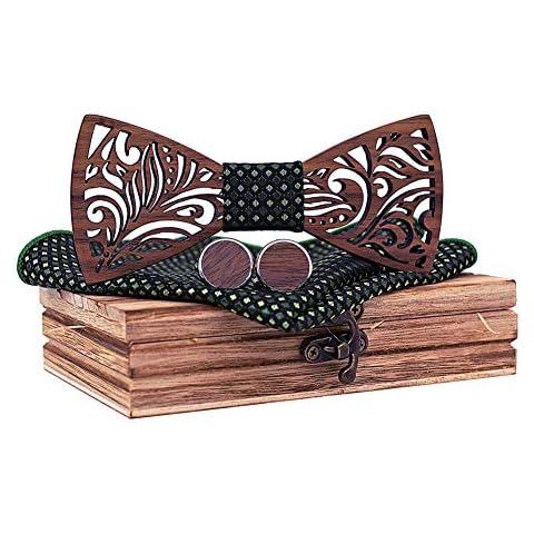 Lovacely Mens Handmade Wood Hollow Bow Tie with Matching Pocket Square and Men's Wooden Cufflinks Set T205-C2 Cover