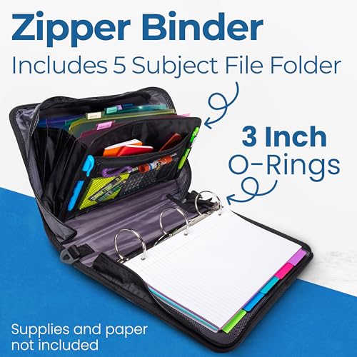 Case-it The Mighty Zip Tab Zipper Binder - 3 Inch O-Rings - 5 Color Tab Expanding File Folder - Multiple Pockets - 600 Sheet Capacity - Comes with Shoulder Strap - Black D-156-N-JBK - Image 2