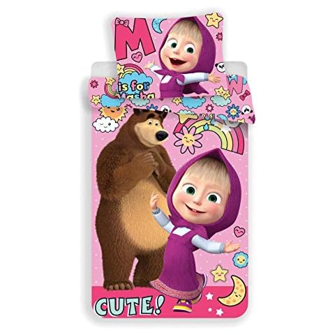 L-S KIDS BOUTIQUE Masha & MICHKA Bedding Set - Duvet Cover 140 x 200 cm + Pillow Case 70 x 90 cm for Single Bed - 100% Cotton Cover