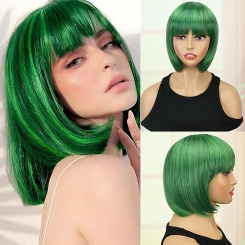 Creamily Peluca corta bob verde lisa con flequillo para mujer, peluca de pelo sintético bob liso natural para niña, color verde, para disfraz, fiesta, cosplay, uso diario
