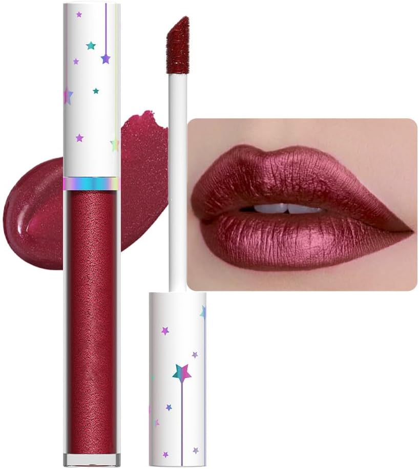 evpct 1Pcs Dark Red Metallic Shimmer Glitter Lip Gloss Liquid Lipstick Long Lasting Waterproof 24, Glitter Pearlescent Metallic Sparkly Glossy Liquid Lipsticks Lip Stain Makeup Set for Women 10#