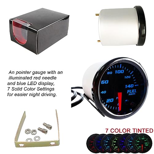 Image of 2-1 /16 inch 52mm Fuel Pressure Gauge, Tinted, 7 Color, 0-140 PSI | Includes Electronic Sensor, Kit