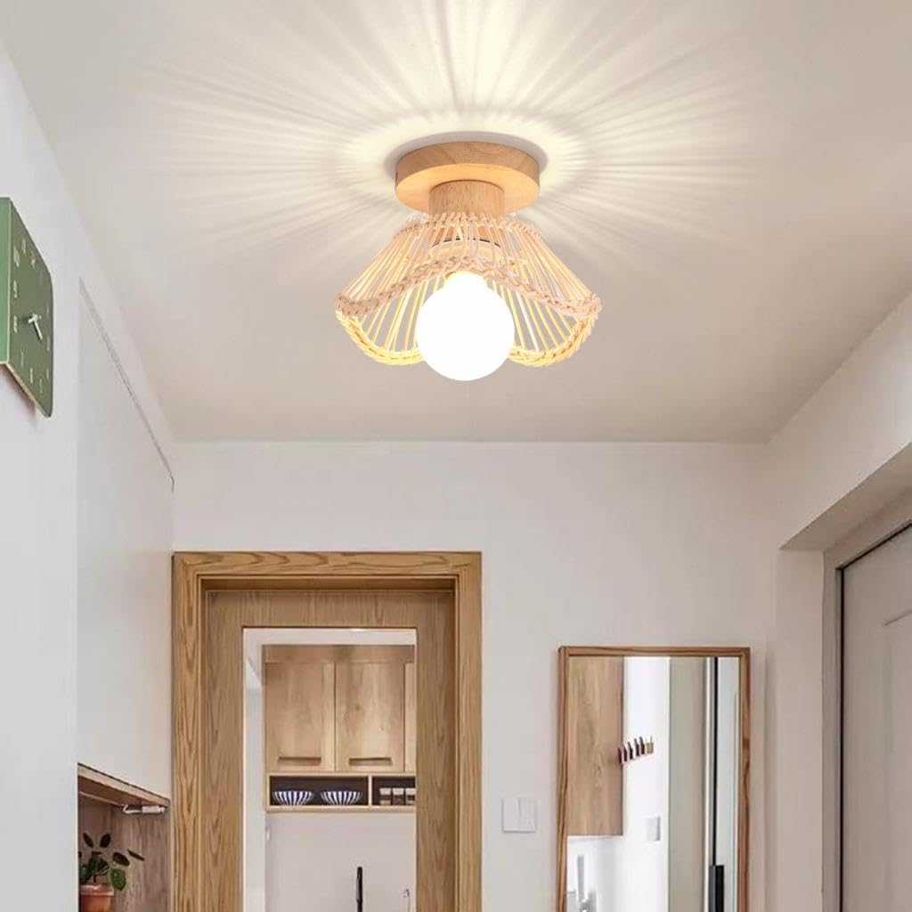Lot de 2 Plafonniers en Bambou Tressée Lampe de Plafond Vintage E27 Éclairage Luminaire en Rotin Bois Lustre Suspension Déco pour Salon Chambre Couloir Cuisine