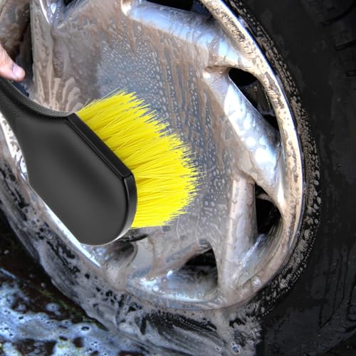 Image of QWORK 8 inch Utility Scrub Brush with Plastic Handle and Yellow Polypropylene Bristles, 2 Pack Multi-Purpose Cleaning Tool for Wheels and Tires