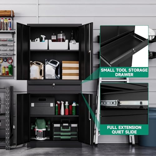 Image of Letaya Metal Garage Storage Cabinet with Drawer,4 Door Tool Cabinet with Lock-2 Adjustable Shelves for Garage Home Office Utility Room (Black)
