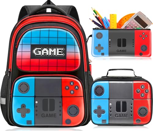 Image of Boys Backpack for School, 3-in-1 Gaming Backpack Set with Lunch Bag & Pencil Case, Large Capacity School Bookbag Fits 15.6 inch Laptop, Lightweight Gamer Backpack for Boys Ages 6-14