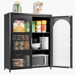 Metal Sideboard Buffet Cabinet with Glass Doors, Buffet Cabinet with Adjustable Shelves, Fluted Cabinet Sideboards and Buffets with Storage, Freestanding Metal Storage Cabinet for Kitchen