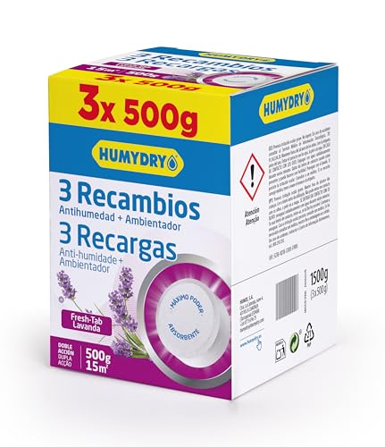 Set de 3 Recambios de tableta Antihumedad para Deshumidificadores - Ideal para Armarios, Baños y Habitaciones - Espacios de hasta 15 m2-500 gr - Aroma: Lavanda - Humydry