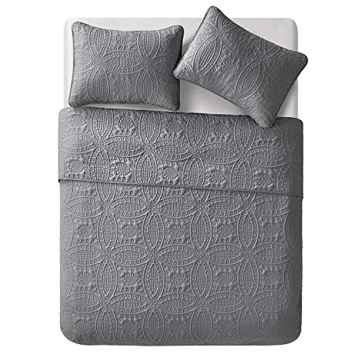 VEEYOO Bedspread Quilt Set Full/Queen Size - Soft Microfiber Lightweight Coverlet Quilt Set for All Season, Quilt Set 3 Piece (1 Quilt, 2 Pillow Shams), Grey