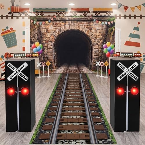 Image of Teenyyou 3 Pcs Train Railroad Party Decorations Aisle Train Track Runner Backdrop Traffic Crossing Sign Boxes for Floor Birthday Party School Home Express Decor(Classic)