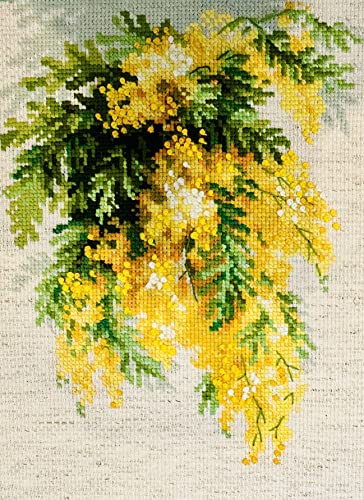Image of RIOLIS - Mimosa 1615, Floral Cross Stitch Kits 7 inch x 9 inch, Cross Stitch Kits for Beginners & Advanced, Crossstitching Kit Adult, Embroidery Counted Stitching Kit