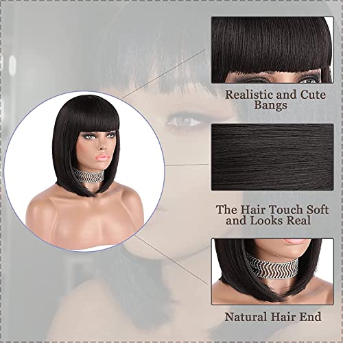 eNilecor Short Black Bob Wigs, 12" Straight with Flat Bangs Synthetic Colorful Cosplay Daily Party Wig for Women Natural As Real Hair+ Free Wig Cap (Black)