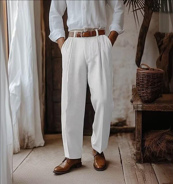 Men’s Linen Leisure Dress Pants Pleated Summer Casual Pants Loose Fit Breathable Beach Vacation Pants Long3
