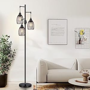 Dimmable Floor Lamp, 3 x 800LM LED Edison Bulbs Included, Farmhouse Industrial Floor Lamp Standing Tree Lamp with Elegant Teardrop Cage Tall Lamps for Living Room Bedroom Office Dining Room-Black