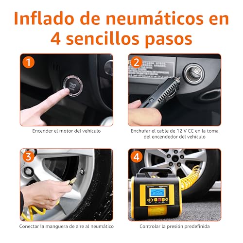 Amazon Basics Bomba compresora de aire portátil con indicador de presión digital, 12 V CC, 150 PSI, color negro - Imagen 4