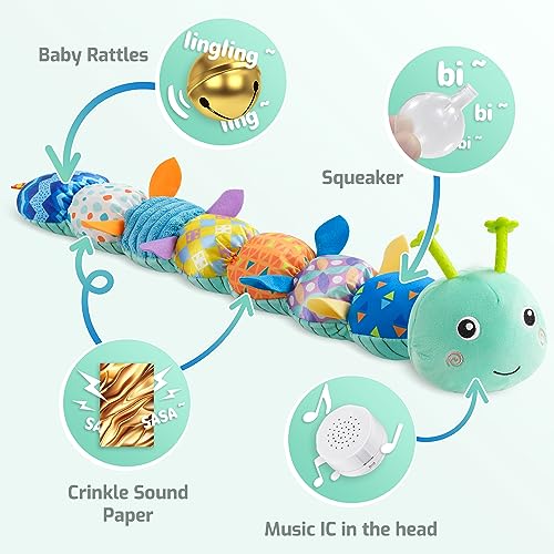 Image of Sumobaby Baby Toys Musical Caterpillar, Stuffed Animal Activity Soft Toys with Teether,Multi-Sensory Crinkle, Rattle and Textures, for Tummy Time Baby Toys 0 to 12 Months Boys,Girls,Caterpillar(Blue)